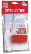 Styro-Cutter Set. Enthält einen roten Griff, zwei Metallstäbe und eine Anleitung. Verpackung mit Illustrationen von Elefanten und Delfinen.