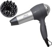 Haartrockner in silber und schwarz. Mit einem Diffusoraufsatz für lockiges Haar.