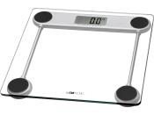 Digitale Personenwaage mit Glasoberfläche. Maximalgewicht 150 kg, minimal 2,5 kg. Anzeige in Kilogramm, derzeit 0,0 kg.