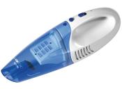 Handstaubsauger in Weiß und Blau. Kompakt mit transparentem Behälter.