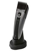 Haarschneider in Schwarz und Silber. Ergonomisches Design. Steht in einer Halterung. Einstellbare Schnittlängen.
