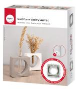 Verpackung für eine quadratische Gießform für Vasen. Zwei Vasen in verschiedenen Farben sind abgebildet.