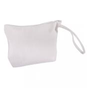Weiße Kosmetiktasche mit Reißverschluss. Hat einen kleinen Griff an der Seite.
