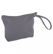 Graue Kosmetiktasche mit Reißverschluss. Hat einen kleinen Tragegriff.