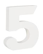 weiße Zahl '5' aus einem stabilen Material. Die Form ist modern und leicht geschwungen.