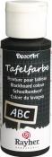 Schwarze Tafelfarbe in einer Flasche. Auf dem Etikett steht 'Tafelfarbe' in verschiedenen Sprachen. Abgebildet ist ein Schild mit 'ABC'.
