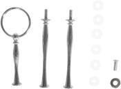 Set aus glänzendem Metall. Enthält einen Ring, zwei längliche Stangen, Schrauben und Unterlegscheiben.