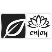 Zwei Symbole. Links: schwarzes Blatt auf weißem Hintergrund. Rechts: Lotusblume mit dem Wort 'enjoy' darunter, beides in Schwarz auf weißem Hintergrund.