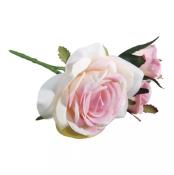 Künstliche Blume mit rosa und weißen Rosenblüten. Enthält grüne Blätter und einen langen Stiel.