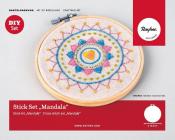 Stickset mit Mandala-Motiv in bunten Farben. Enthält einen Stickrahmen und verschiedene Stickgarne.