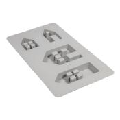 Grauem Silikonform mit verschiedenen geometrischen Formen. Enthält kleine Häuser und Blöcke. Flache, rechteckige Basis.