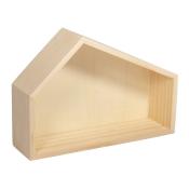 Holzregal in Form eines Hauses. Natürliche Holzfarbe, schlichtes Design.