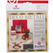 Packung mit Deco Metall, 14 x 14 cm. Fünf Blätter. Dekorationsideen abgebildet: Kerzen, Vasen, Geschenke. Farben: rot, silber, gold.