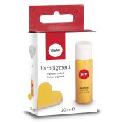 Farbpigment in gelb, 20 ml Flasche. Verpackung mit rotem und weißem Design. Herzförmige gelbe Probe auf der Vorderseite.
