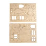 Holzplatte mit ausgeschnittenen Formen. Enthält Bäume, Fenster, Türen und andere dekorative Elemente.