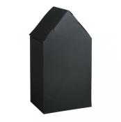 Schwarze Verpackung in Form eines Hauses. Die Oberfläche ist glatt und ohne Muster.