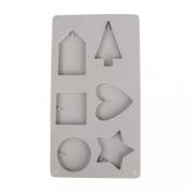Silikonform mit sechs verschiedenen Formen. Enthält Haus, Baum, Herz, Quadrat, Kreis und Stern.