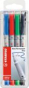 Set von vier Filzstiften in den Farben Blau, Rot, Grün und Schwarz. Die Stifte haben eine feine Spitze von 0,7 mm.