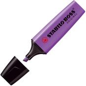 lila Textmarker mit schwarzem Kappenverschluss. Die Spitze ist schmal und abgerundet. Auf der Seite steht 'STABILO BOSS ORIGINAL'.