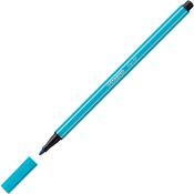 blauer Filzstift mit schwarzem Deckel. Langer, schlanker Körper. Schriftzug 'STABILO Pen 68' auf der Seite.