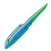 blauer Textmarker mit grünem Griff. Die Spitze ist schmal und spitz.