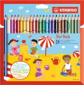 Packung mit 24 dicken Buntstiften in verschiedenen Farben. Auf dem Cover sind Kinder am Strand, die spielen.