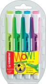 Set mit vier Textmarkern in verschiedenen Farben: grün, blau, pink und gelb. Die Marker haben eine breite und eine schmale Spitze.