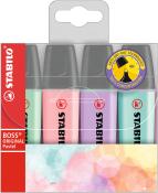 Set von vier Pastellmarkern in sanften Farben. Verpackung mit stabiler Halterung.