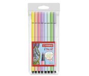 Packung mit 8 Pastellmarkern. Farben: Rosa, Lila, Gelb, Grün, Blau. Verpackung transparent mit rotem Etikett. Marker mit runder Spitze.