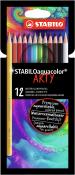 Packung mit 12 Aquarellfarbstiften in verschiedenen Farben. Auf der Verpackung bunte spiralförmige Muster.