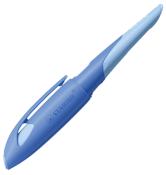 blauer Textmarker mit ergonomischem Design. Die Kappe ist hellblau und der Körper dunkelblau.