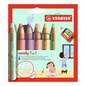 STABILO Buntstift, Wassermalfarbe & Wachsmalkreide woody 3 in 1 6er Pack mit Spitzer pastellfarben