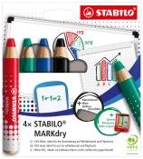 STABILO Whiteboardmarker-Set MARKdry 4 Stück inkl. Abwischtisch/Spitzer