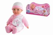 Puppe in rosa und weißem Schlafanzug. Hat eine Mütze. Gesicht mit großen blauen Augen. Verpackung zeigt die Puppe liegend.