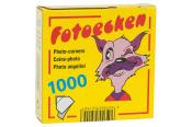 Gelbe Verpackung mit einem Cartoon-Tier (Katze) auf der Vorderseite. Text: 'Fotoecken', 'Coins-photo', 'Photo angolini'. Anzahl: 1000 Stück.