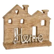 Standdeko Haus mit Metall Schriftzug Home aus Holz braun
