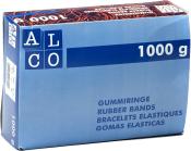 Blaue Verpackung mit Aufschrift 'ALCO'. Inhalt: 1000 g Gummiringe. Mehrsprachige Beschriftung: Gummiringe, Rubber Bands, Bracelets Élastiques, Gomas Elásticas.