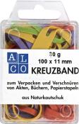 Packung mit bunten Gummibändern in verschiedenen Farben. Größe 100 x 11 mm, geeignet zum Verpacken und Verschnüren.
