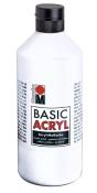 Weißer Flasche mit schwarzem Deckel. Beschriftung mit dem Text 'BASIC ACRYL' und Informationen zur Acrylfarbe.
