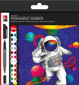 Packung mit 24 permanenten Markern in verschiedenen Farben. Abgebildet ist ein Astronaut im Weltraum mit Planeten.