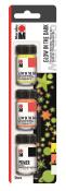 Drei Glüh-in-der-Dunkel-Farben in kleinen Gläsern. Farben: gelb, orange, und ein Primer. Verpackung mit bunten Sternen und Planeten. Hinweis auf Verwendung bei Nacht.