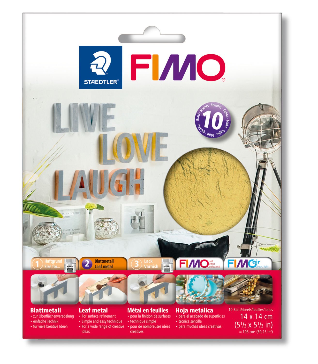 Verpackung für FIMO Blattmetall in gold. Enthält Anleitungen und Anwendungshinweise.