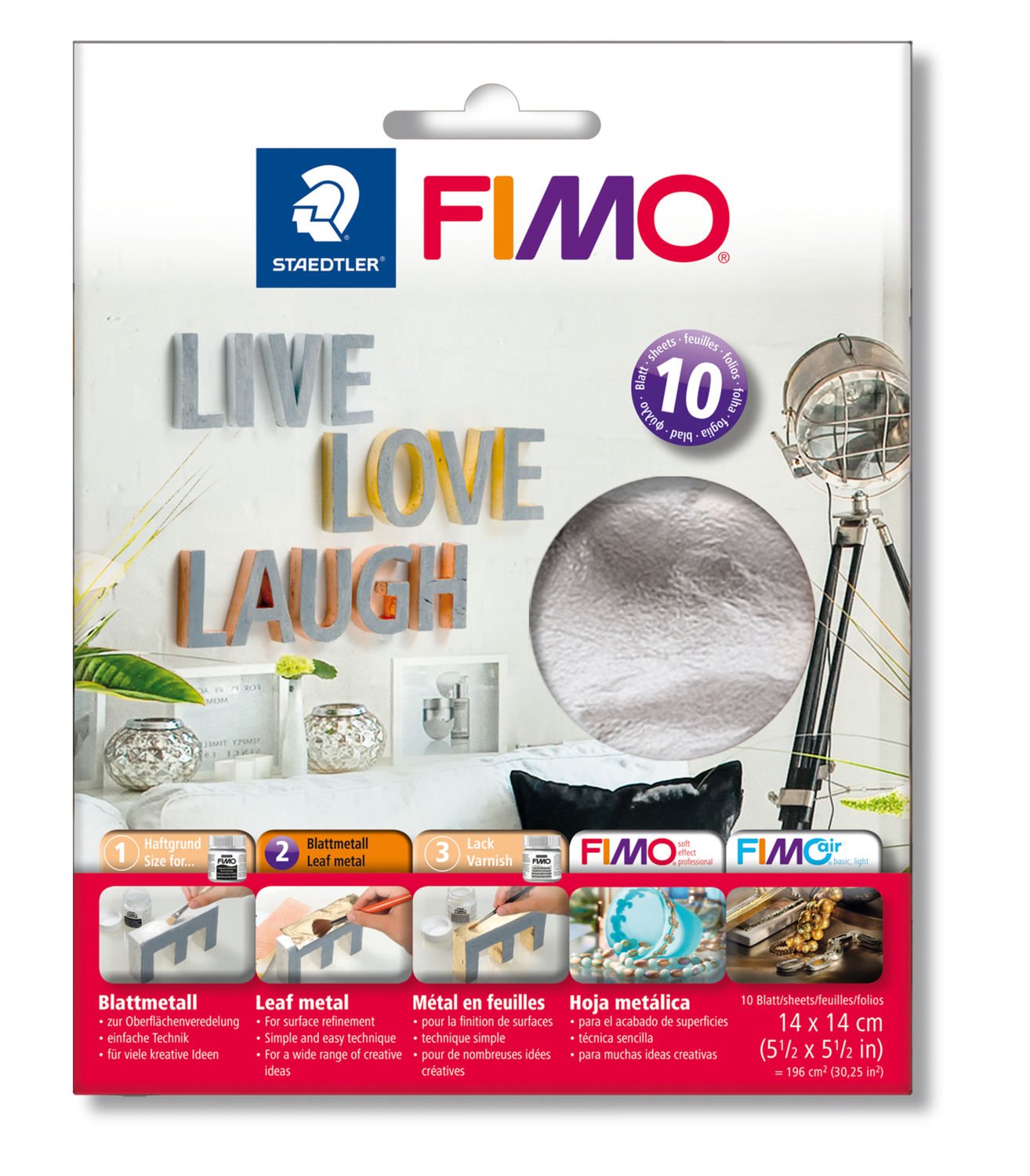 FIMO Blattmetall Set. Enthält 10 Blätter in Silber. Größe 14 x 14 cm. Für kreative Oberflächengestaltung. Einfache Anwendung.