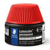 Schwarze Nachfüllstation für Marker mit rotem Deckel. Aufschrift 'Lumocolor permanent'.