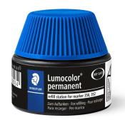 Schwarze Nachfüllstation für Lumocolor Marker. Blauer Deckel mit Rillenstruktur. Hinweis auf 'dry safe' und mehrsprachige Nachfüllanleitung.
