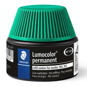 Schwarze Nachfüllstation für Marker. Grüner Deckel mit Rillenstruktur. Aufschrift 'Lumocolor permanent'.