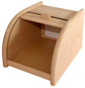 Holzkiste mit abgerundeten Kanten und einer Klappe oben. Innenraum ist leer und offen.