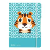 Notizbuch mit einem bunten Tigerkopf auf der Vorderseite. Hintergrund in Türkis mit einem Blattmuster.