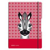 Notizbuch mit einem Zebra-Motiv auf rotem Hintergrund. Das Zebra hat große Augen und einen freundlichen Gesichtsausdruck.