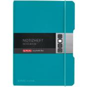 Türkisfarbenes Notizheft mit flexiblem Einband. Auf dem Cover steht 'Notizheft' und 'Note Book'.